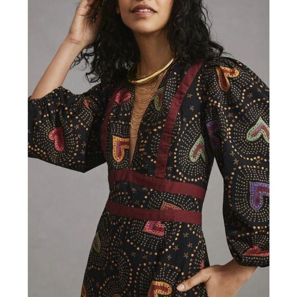 NEW Anthropologie x Farm Rio Deep-V Hearts Print Wide-Leg Jumpsuit, Size Small - Picture 2 of 8